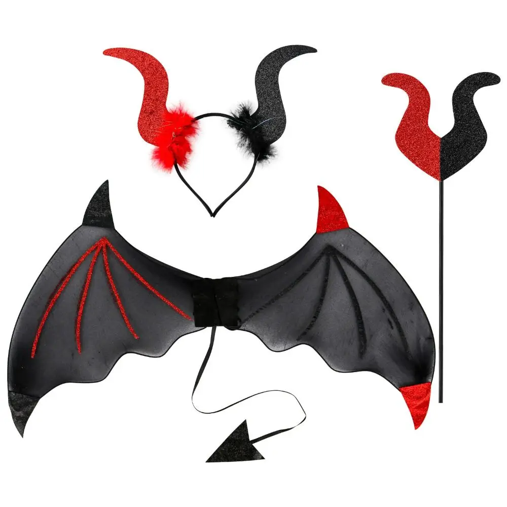 3Pcs/Set Funny Halloween Cosplay Props Bat Wings with Tail Demon Horn Hair Band Halloween Costume Accessories Wand Party