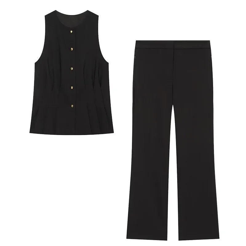 Women's Pants Set 2 Piece New 2026 Summer O-Neck Button Waistcoat Low-Rise Mini Flare Trousers 2 Pieces Set Female Outfit