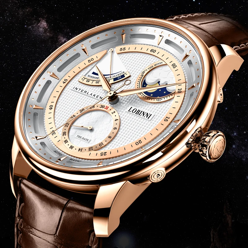 

LOBINNI Multi-function Leisure Design Leather Strap Waterproof Automatic Wristwatch Men Luxury Mechanical Watch