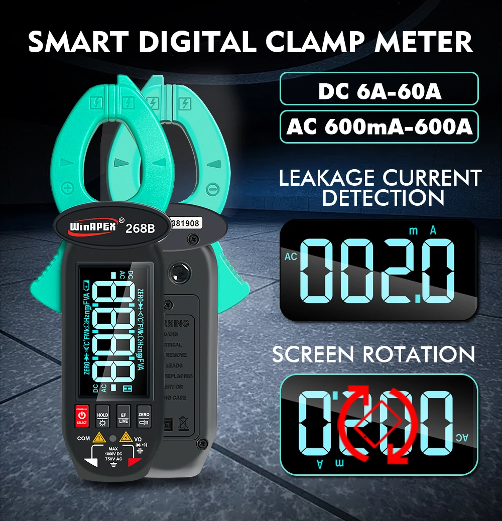 268B Digital Clamp Meter 60A 1000V AC DC Current Clamp True RMS Clamp Amperemeter Voltmeter Diode Temperature Capacitance Tester