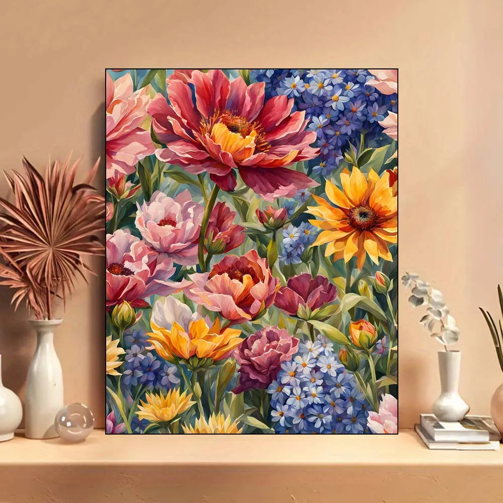 

Картина маслом яркого массива с пионами и подсолнухами. Набор цифровой масляной живописи своими руками для взрослых, но без рамки.