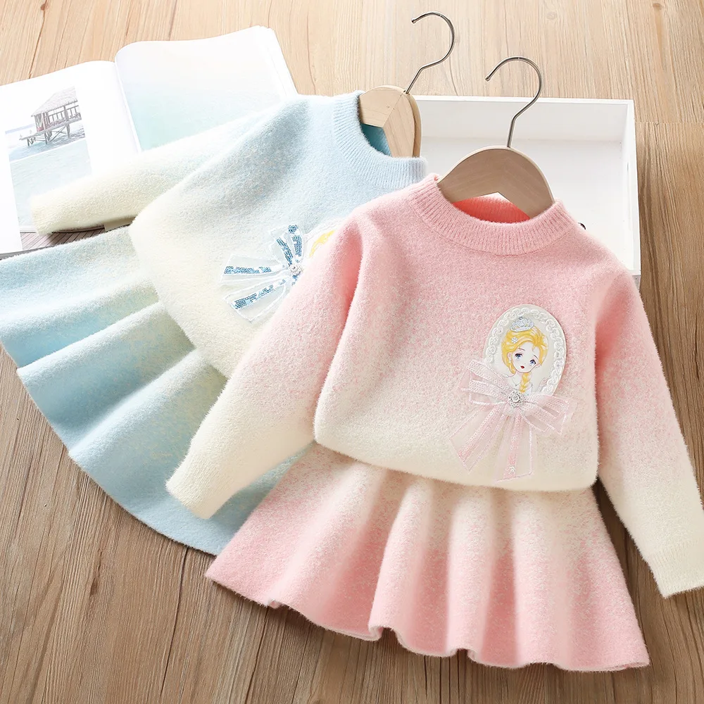 

Girls Clothing Sets Spring Autumn Children Woolen Jersey Sweaters Tops Skirts 2pcs Party Dress Suit For Baby Knitted Outfit Kid