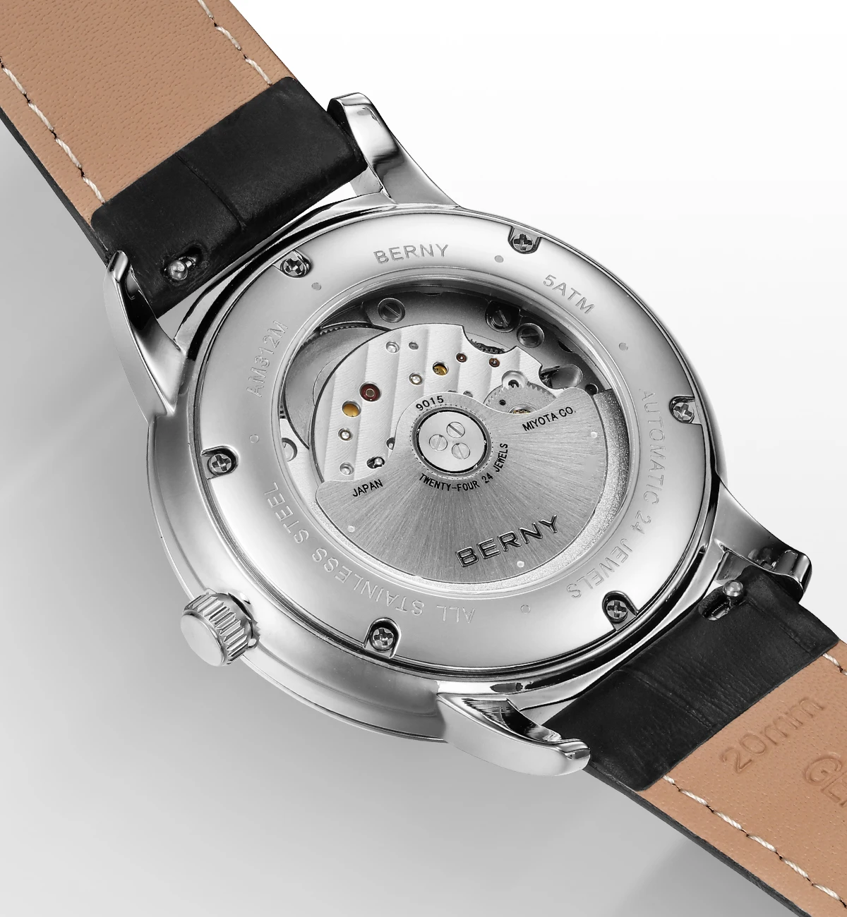 BERNY Automatikuhren für Herren, luxuriöse klassische mechanische Herrenuhr, gewölbtes Glas, Kalender, elegante, schlanke Armbanduhr – Detail 5