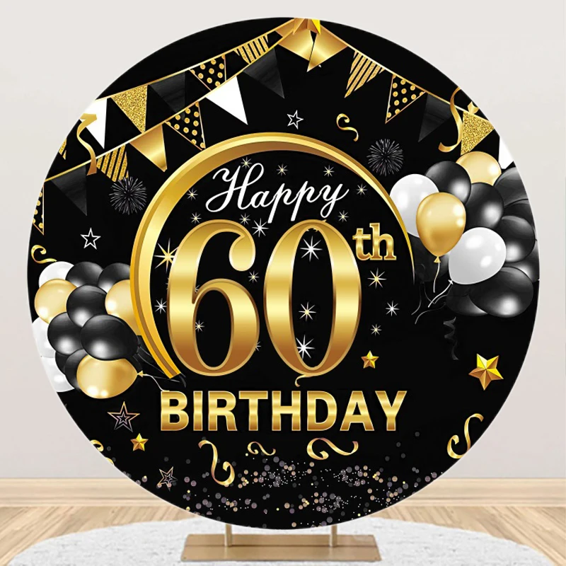 60 Years Birthday Backdrop Round Cover 60th Party Banner Decorations for Men Woman Balloon Circle Elastic Photo Background Cloth