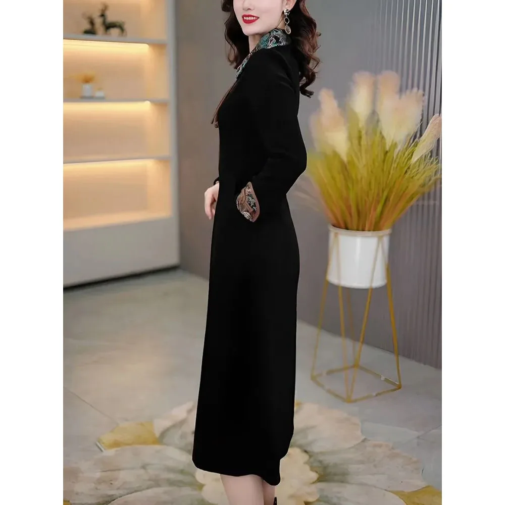 新しい中国のレトロな女性のドレス春秋の新しい高貴なゴールドベルベットプリントドレスビッグサイズ改良されたチャイナドレス黒 5XL