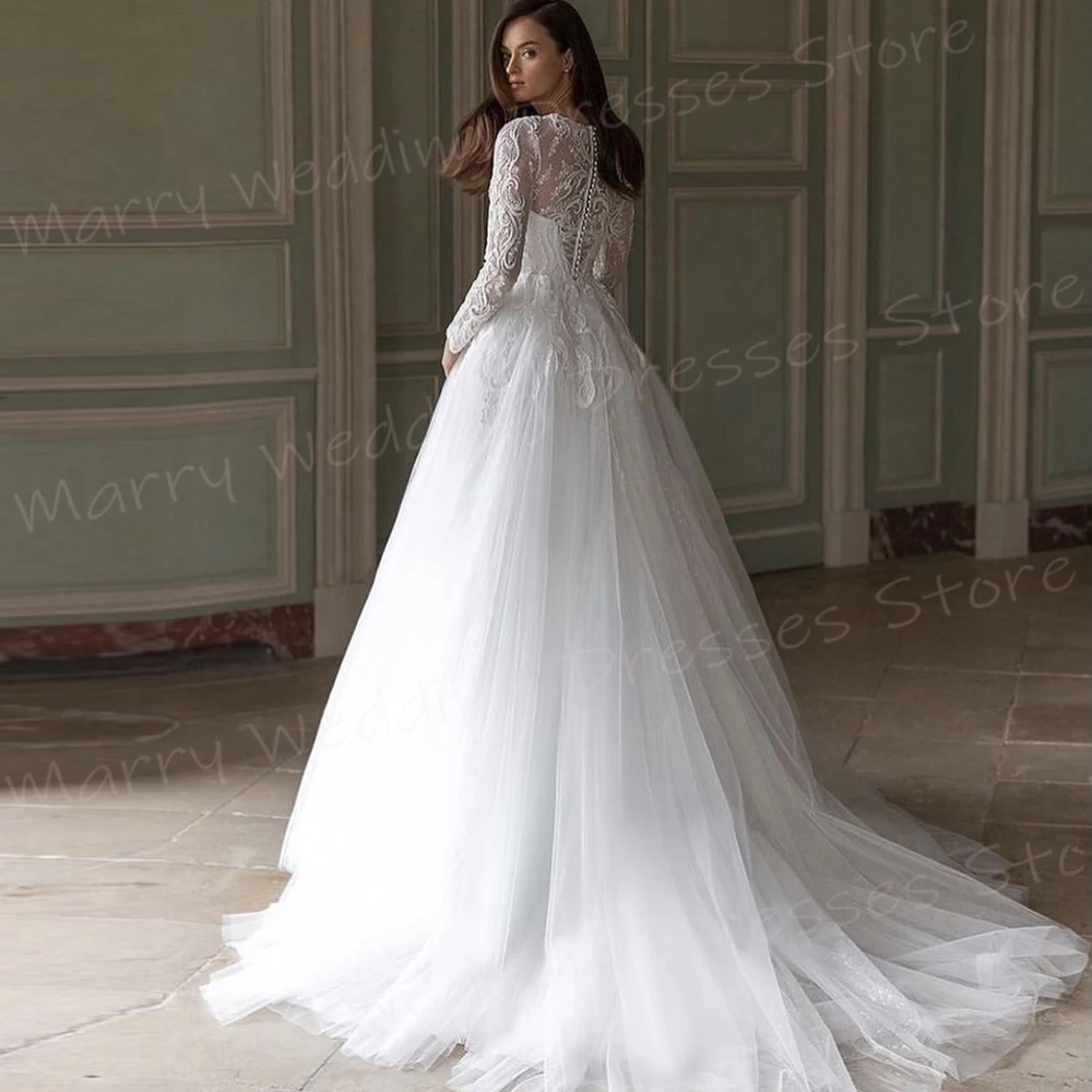 Fascinante Linha A Vestidos de Casamento Femininos, Elegante, Moderno, Renda, Apliques, Vestidos de Noiva, Clássicos, Gola O, Manga Comprida, Robe