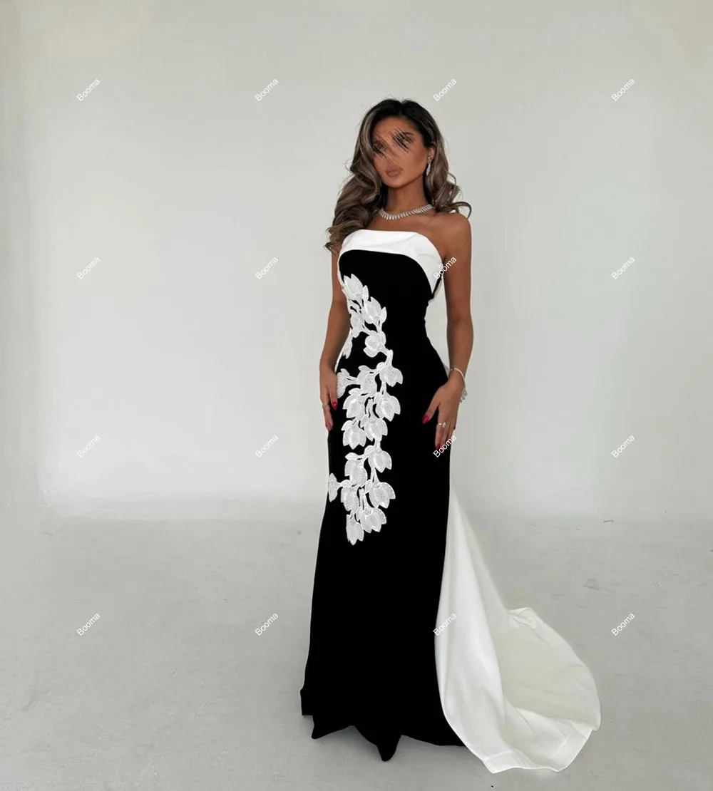 Booma Black and White Mermaid Evening Dresses Strapless Appliques Formal Party Gowns for Women Draped Bow Prom Dresses Dubai