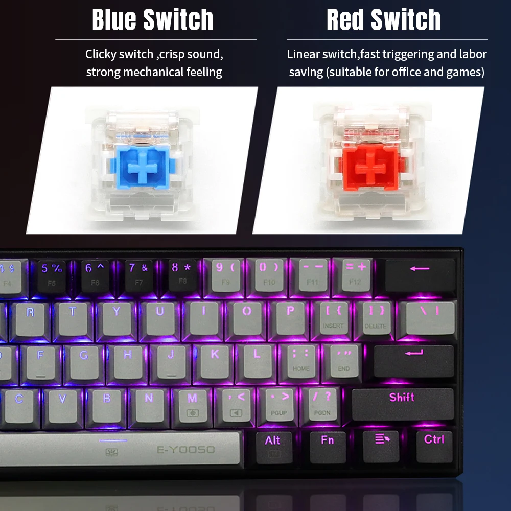 61 Keys Mini Portable 60% Mechanical Gaming Keyboard Red Blue RGB USB Hot-Swappable Switch Backlit for Tablet Desktop