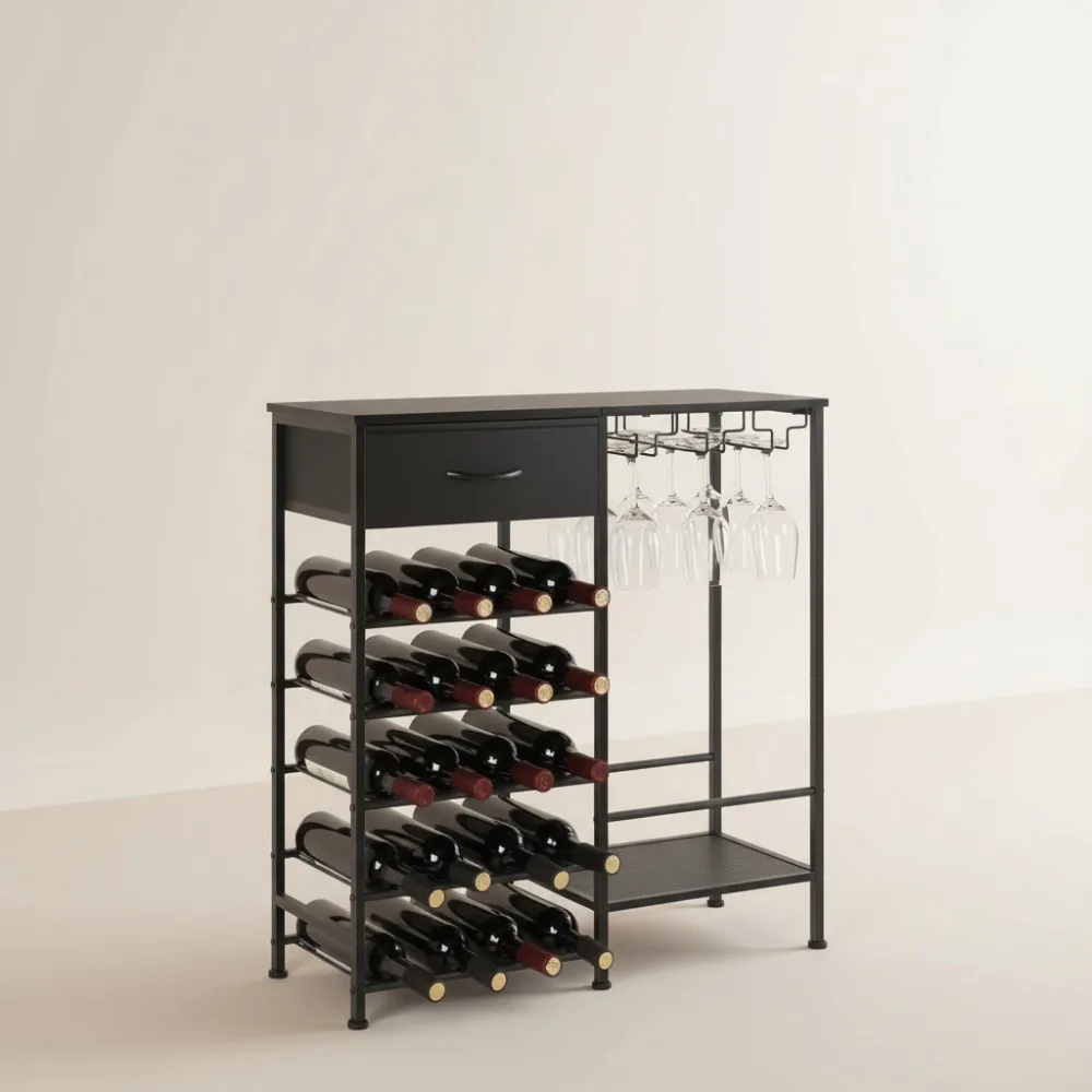 

5-уровневая отдельно стоящая винная полка с держателем для стекла и тканевым ящиком, мини-барный шкаф на 20 бутылок для небольших помещений