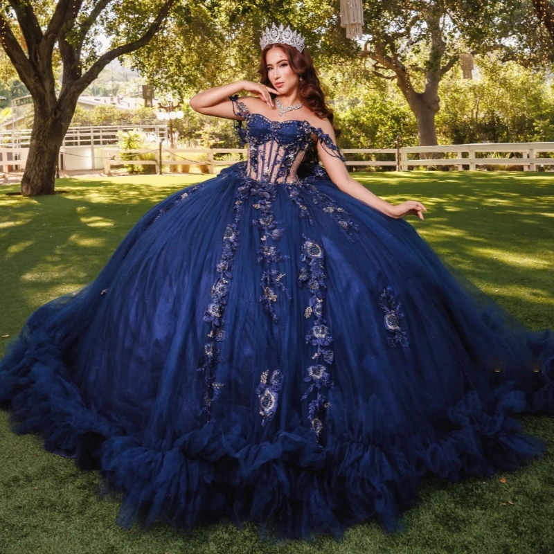 

Темно-синие блестящие платья Quinceanera с открытыми плечами, аппликация, кружево, бисер, тюль, бант, корсет, вечерние, день рождения, сладкое платье 16, Vestidos