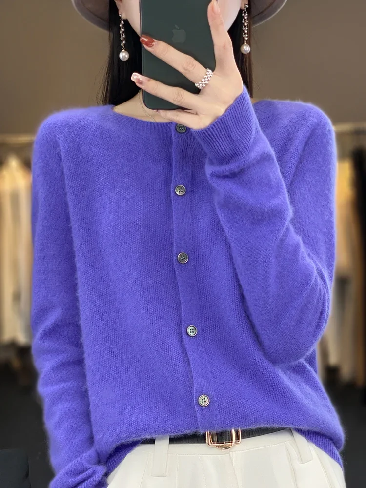 2024 Long Sleeve Cardigan New Fashion Women Sweater 100% Merino Wool Tops Jerseys O-Neck Knitwears Spring Autumn Women Clothing