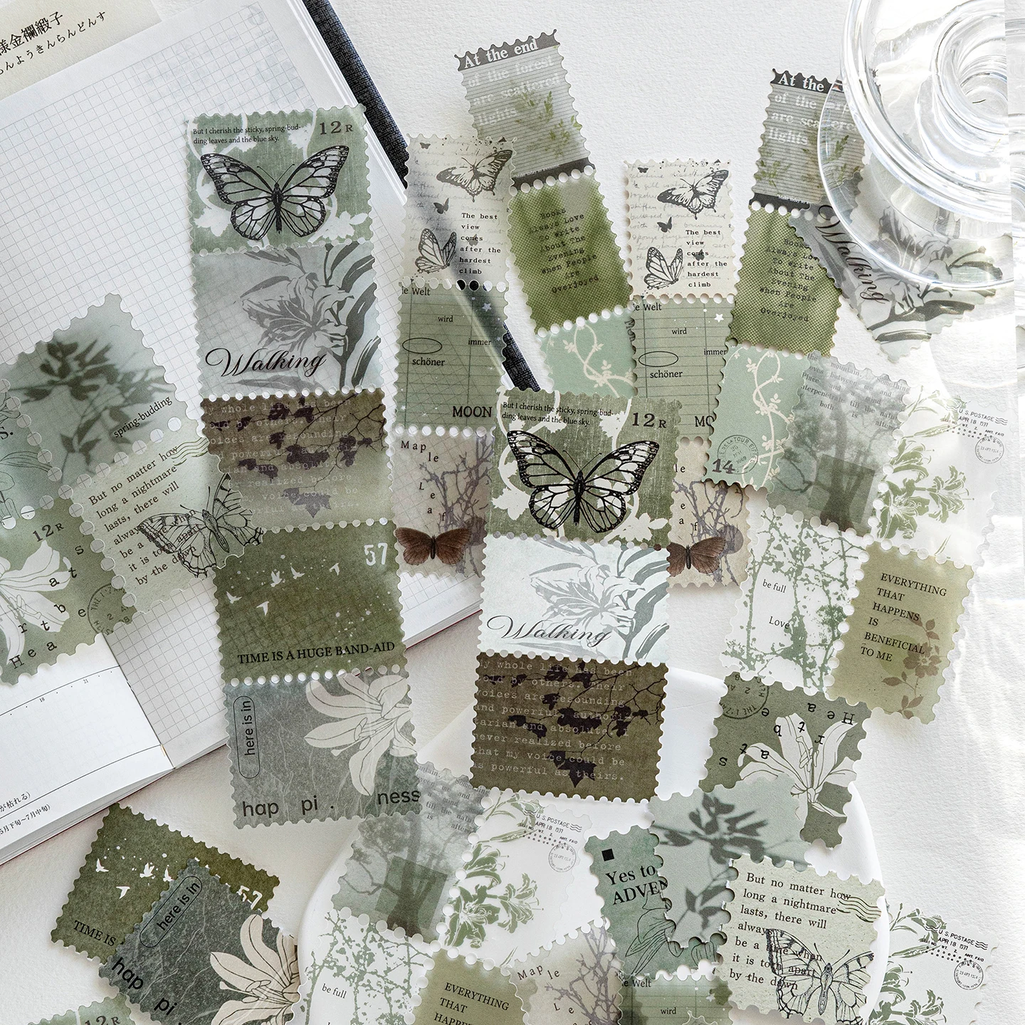 Artistic and Elegant Journal Stickers with High Aesthetic Value, Plant and Butterfly Stamp Decorative Patterns, DIY Sulfuric Acid Paper Stickers