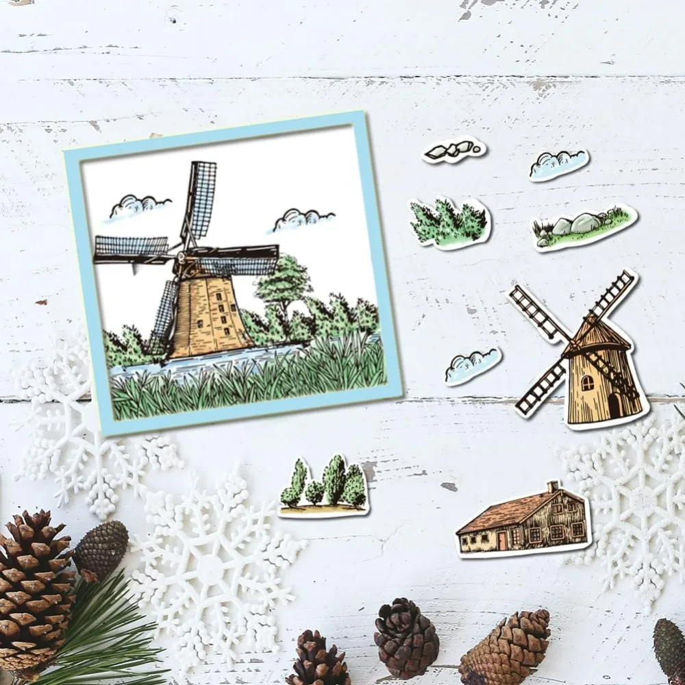 Windmill Clear Stamps for DIY Scrapbooking Mountain House Grass Silicone Stamp Seals Transparent Stamp for Cards Making Photo