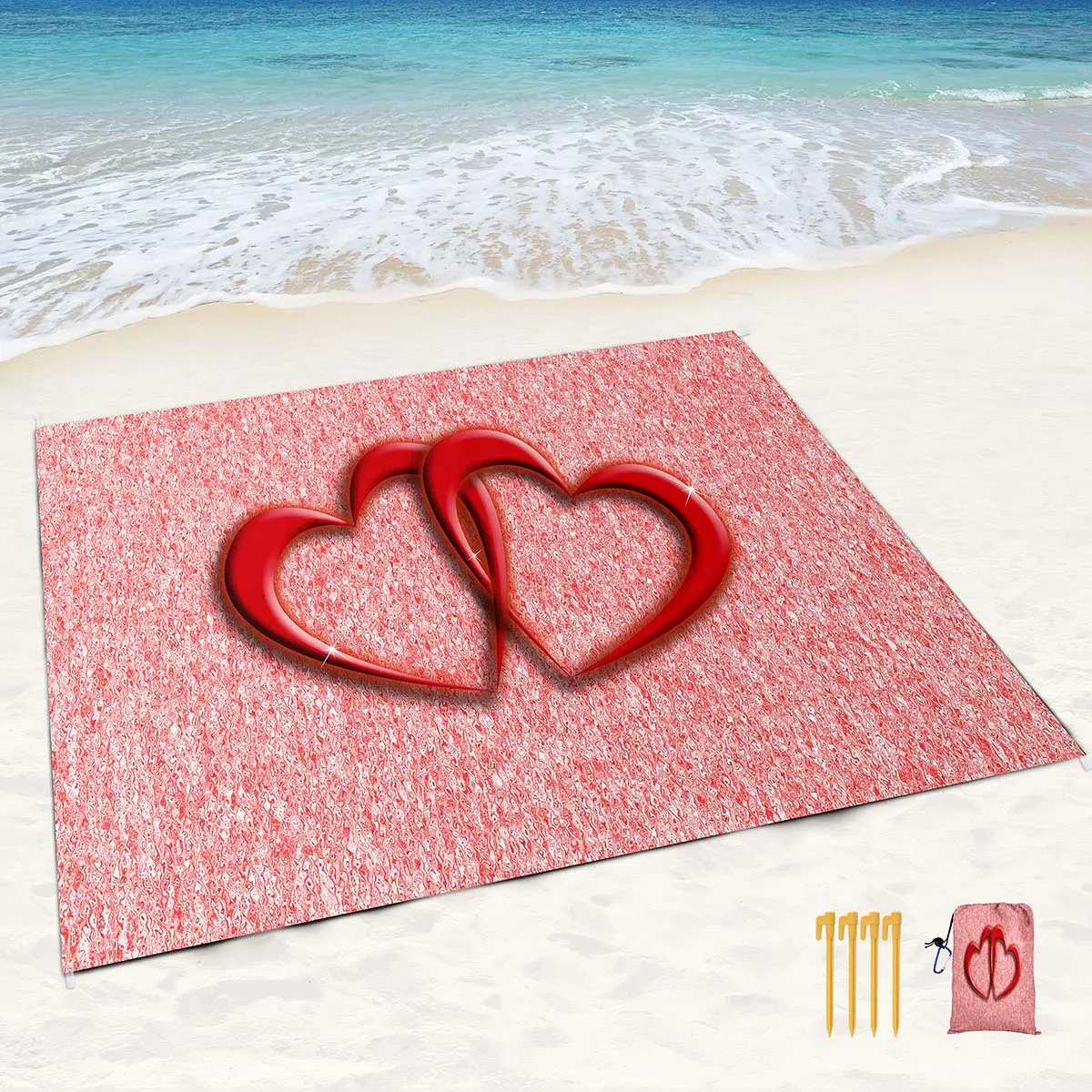 Romantic Heart Love Print Sandproof Beach Blanket with Corner Pockets & 4 Stakes Lightweight for Vacation Travel Camping,Beach