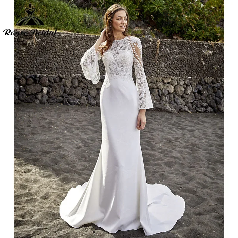 

Elegant Mermaid Boho Wedding Dresses Long Flare Sleeve Open Back Lace Appliques Satin Illusion Bridal Gown Vestidos De Novia
