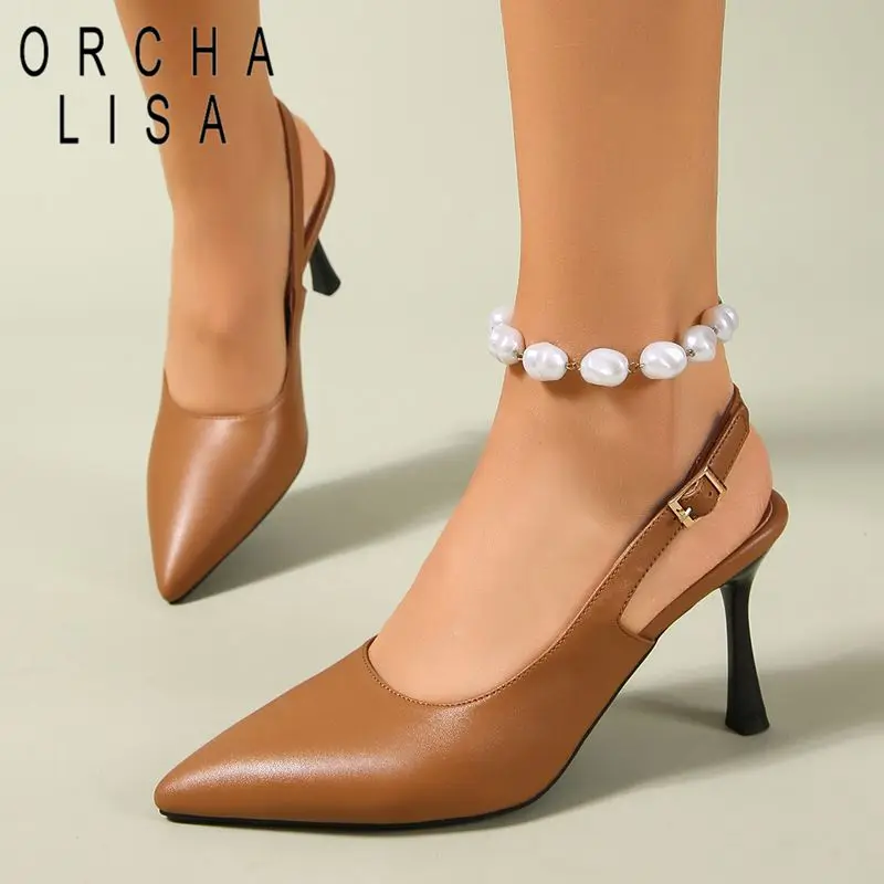 

ORCHA LISA Горячая новинка: женские туфли-лодочки с острым носком, на тонком высоком каблуке 8 см, с ремешком на пятке, мягкие, для свиданий и вечеринок, большие размеры 43-44