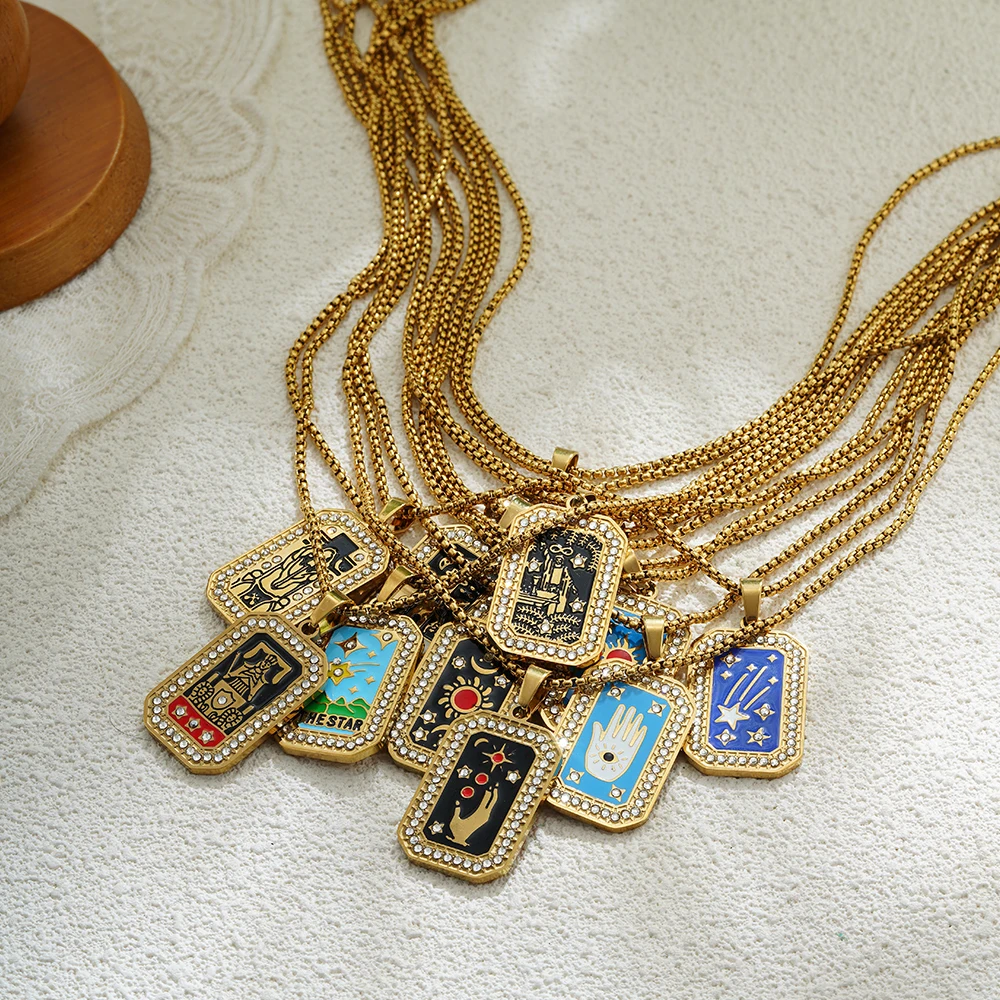 الذهب اللون قلادة للنساء الزركون عيد الميلاد مجوهرات ملونة هندسية ذات مغزى الشمس عاشق الفولاذ المقاوم للصدأ التارو القلائد