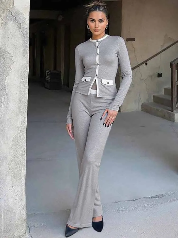 Mcdv moda retalhos 2 peça conjunto feminino manga longa único breasted cardigan topos calças queimadas casuais roupas diárias outono 2025