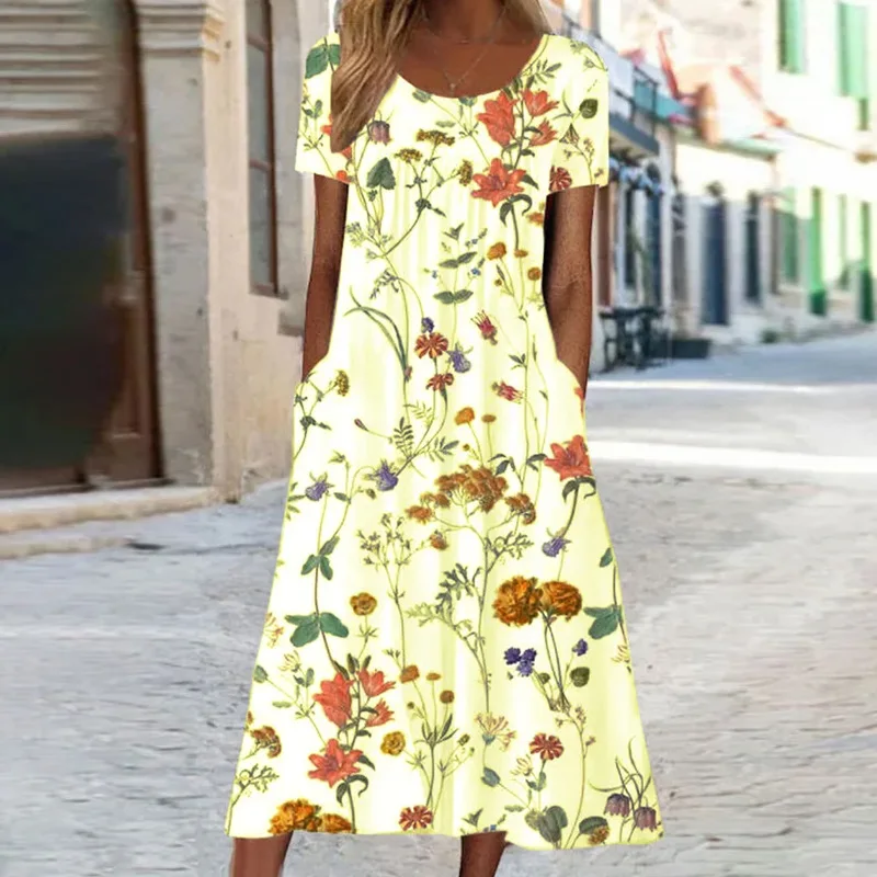 Women Vintage Floral Long Dress Boho Summer O Neck Casual Loose Pocket Short Sleeve Beach Party Dresses For Women Maxi Dress