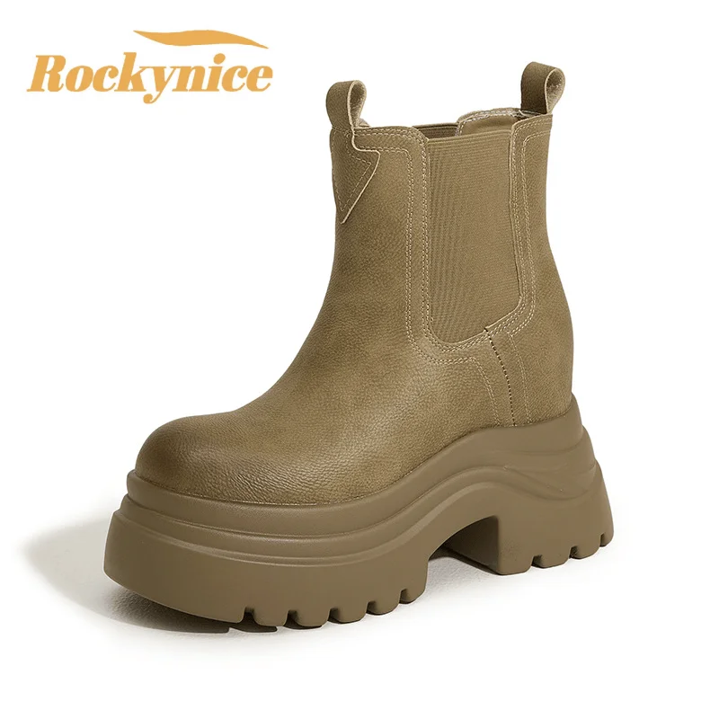 

Женские ботинки челси на высоком массивном каблуке, новые зимние туфли из микрофибры с круглым носком, женские короткие ботинки на платформе в стиле ретро без шнуровки