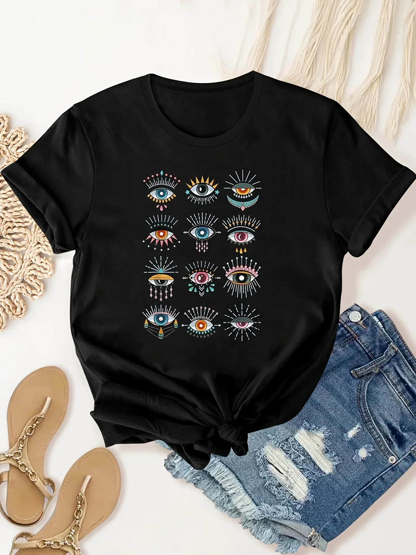 Casual Sport Tops, Women's Clothing Colorful Squint Eye Print T-Shirt, Crew Neck Short Sleeve T-Shirt,