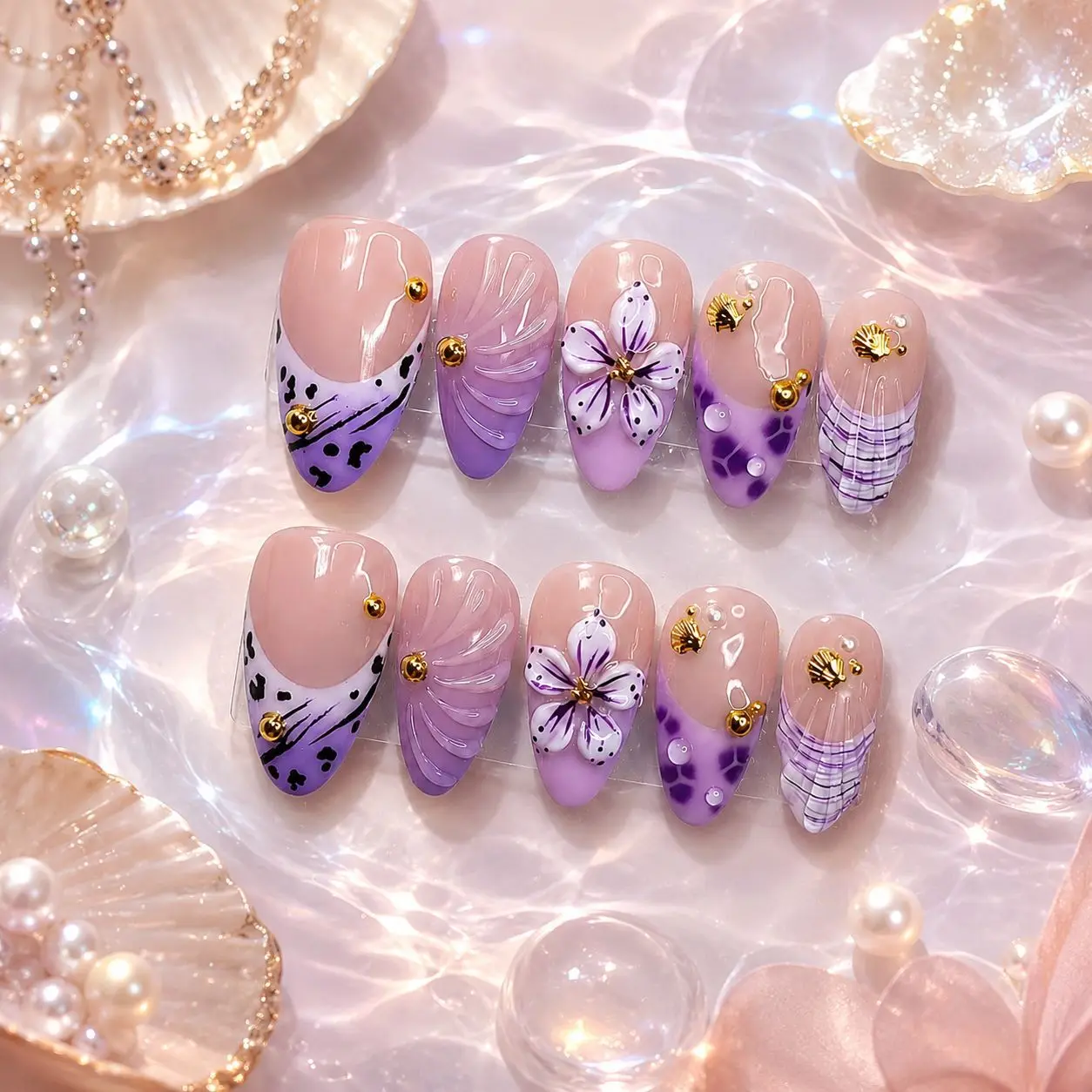 Almond French 3D Purple Floral Press On Nails Shell Pearl Ins Popular Reusable False Nail Tips