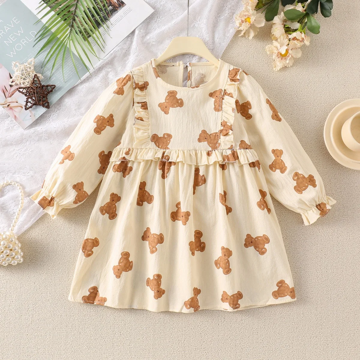 

Autumn Korean Children Girls Dress Bear Printed Round Collar Kid Girls Long Sleeve Dress Sweet Infant Babys Girls Princess Dress
