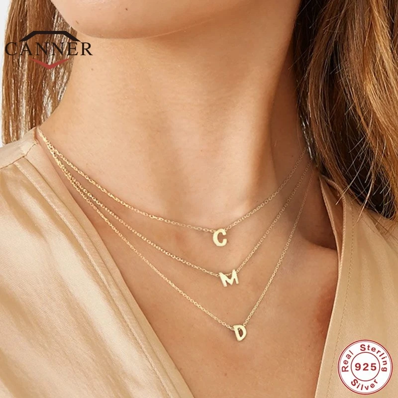 CANNER Real 925 Sterling Silver 26 Letter Round Choker Necklace For Women European and American Minimalist Fine Jewelry