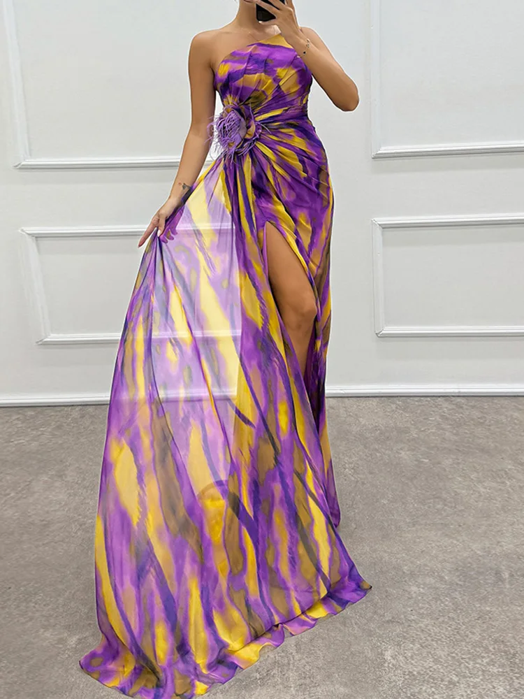 Printed Skew Collar Simple Party Dress, Women Summer Patchwork Sleeveless Elegant Maxi Dress, 2024 Backless Fashion Ladies Dress