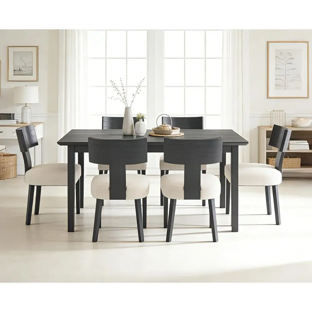 

Set of 6 Upholstered Dining Chairs with Black Wood Back and Linen Beige Seat Pads