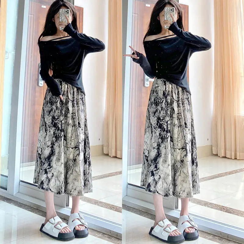 

Vintage Ink Painting Half Skirt for Women Early Spring Artistic Tie-Dye Pleated High Waist Mid-Length A-Line Skirt Summer