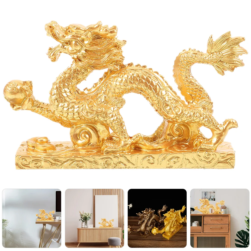 Home Decoration Tableware Chinese Style Resin Dragon Statue Gold Green Wooden Figurine Cabinet Animal Statues Desktop