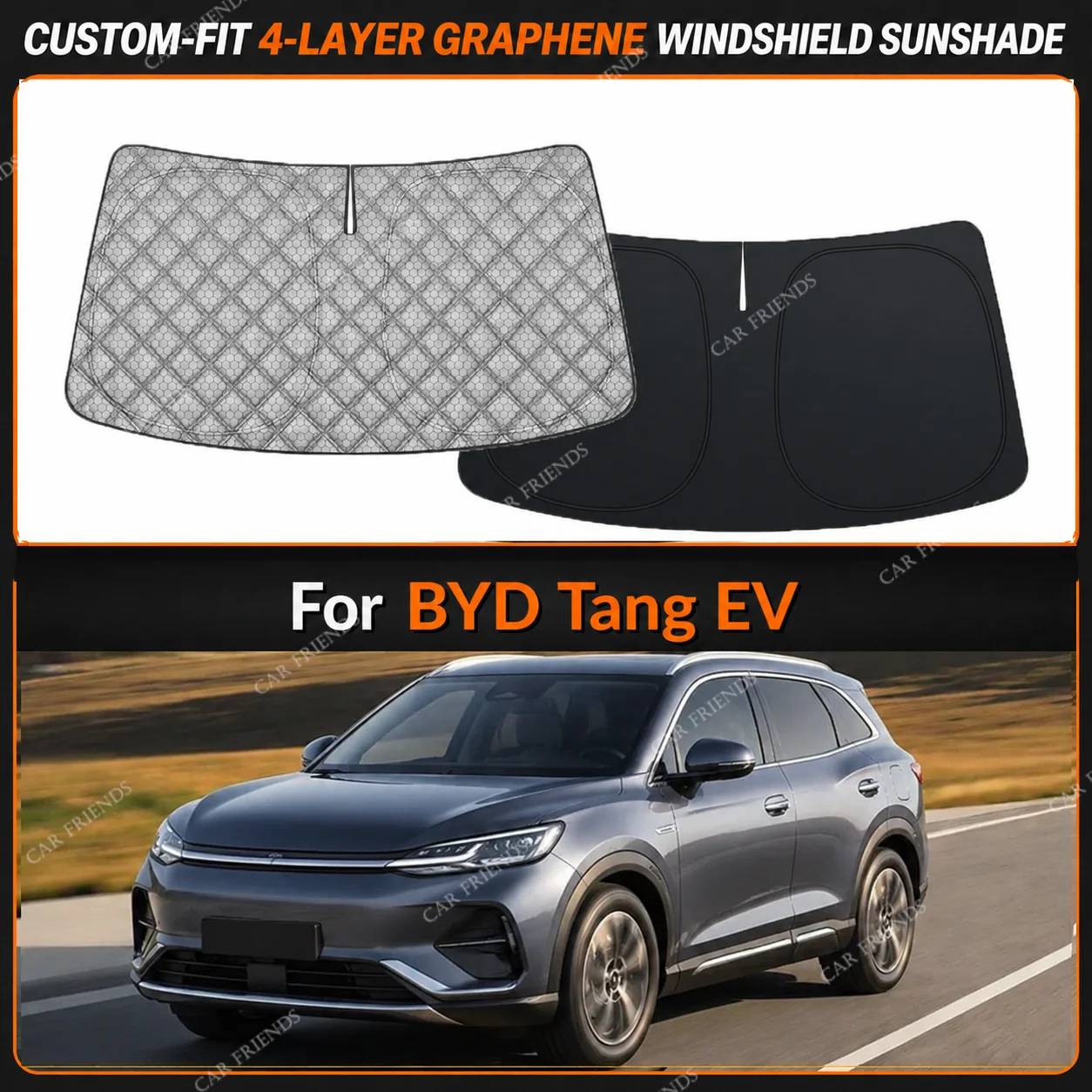 For BYD Tang EV Custom-Fit 4-Layer Graphene Windshield Sunshade Reflective Gray-Silver Surface Helps Reduce Direct Sunlight