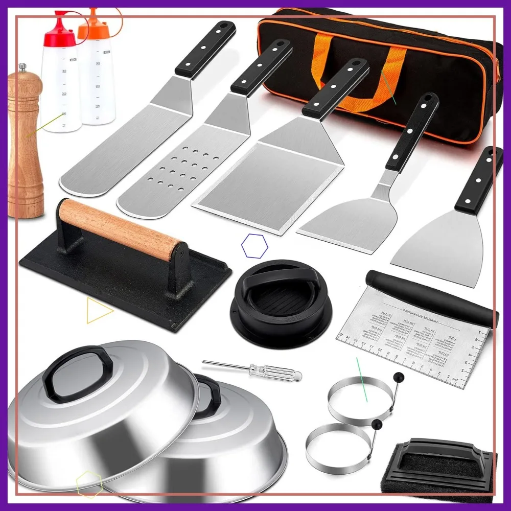 

18-Piece Stainless Steel Flat Top Grill Accessories Set with Spatulas, Press, and Carrying Bag for Outdoor BBQ