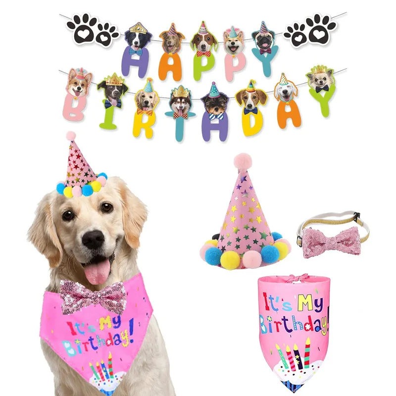 

Pet Dog Birthday Banner, Dog Birth Celebrating Bandana, Colorful Pom-pom Hat, Mother Day Memory Bandage for Puppy Drool Bib Set