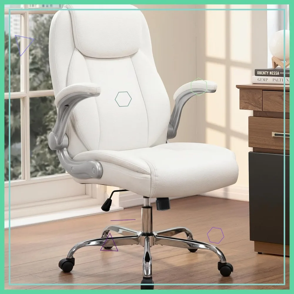 

Ergonomic Office Desk Chair with Flip-up Arms, Adjustable Height, Swivel, PU Leather, White