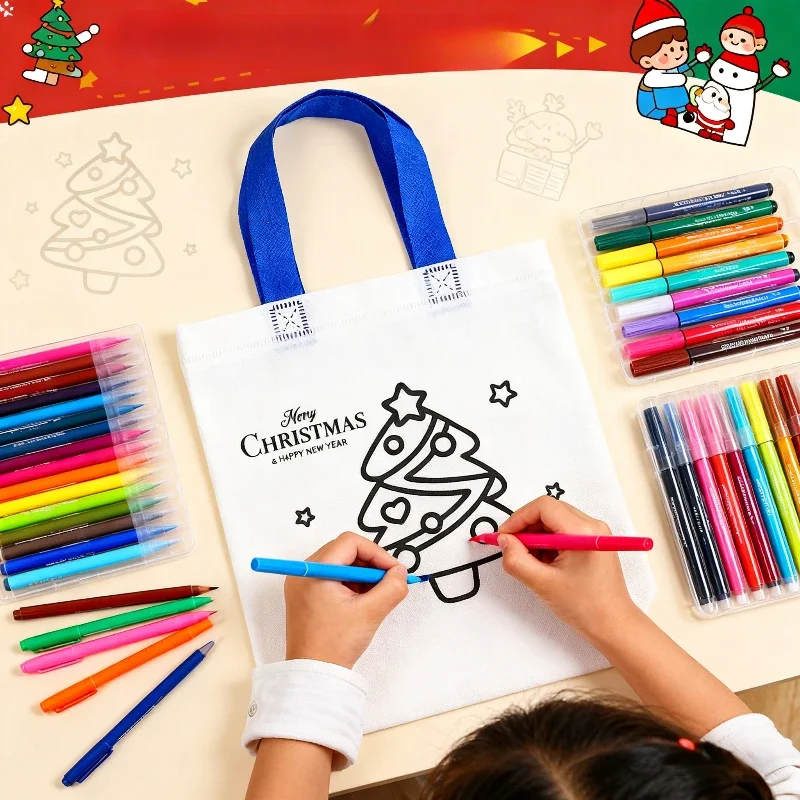 10-40PCS Kids Christmas DIY Graffiti Coloring Bags Non Woven Gift Pouch Arts Crafts Color Filling Drawing Painting Project