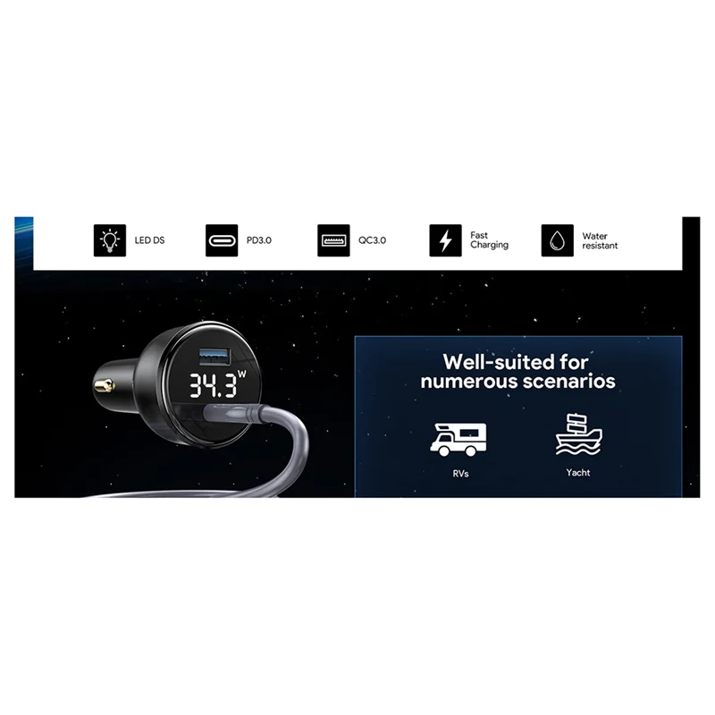 

Автомобильное зарядное устройство Smart-For Starlink Mini 100 Вт 2-в-1 с 3-метровым кабелем Type-C к постоянному току, светодиодный экран, вставка отверстия прикуривателя
