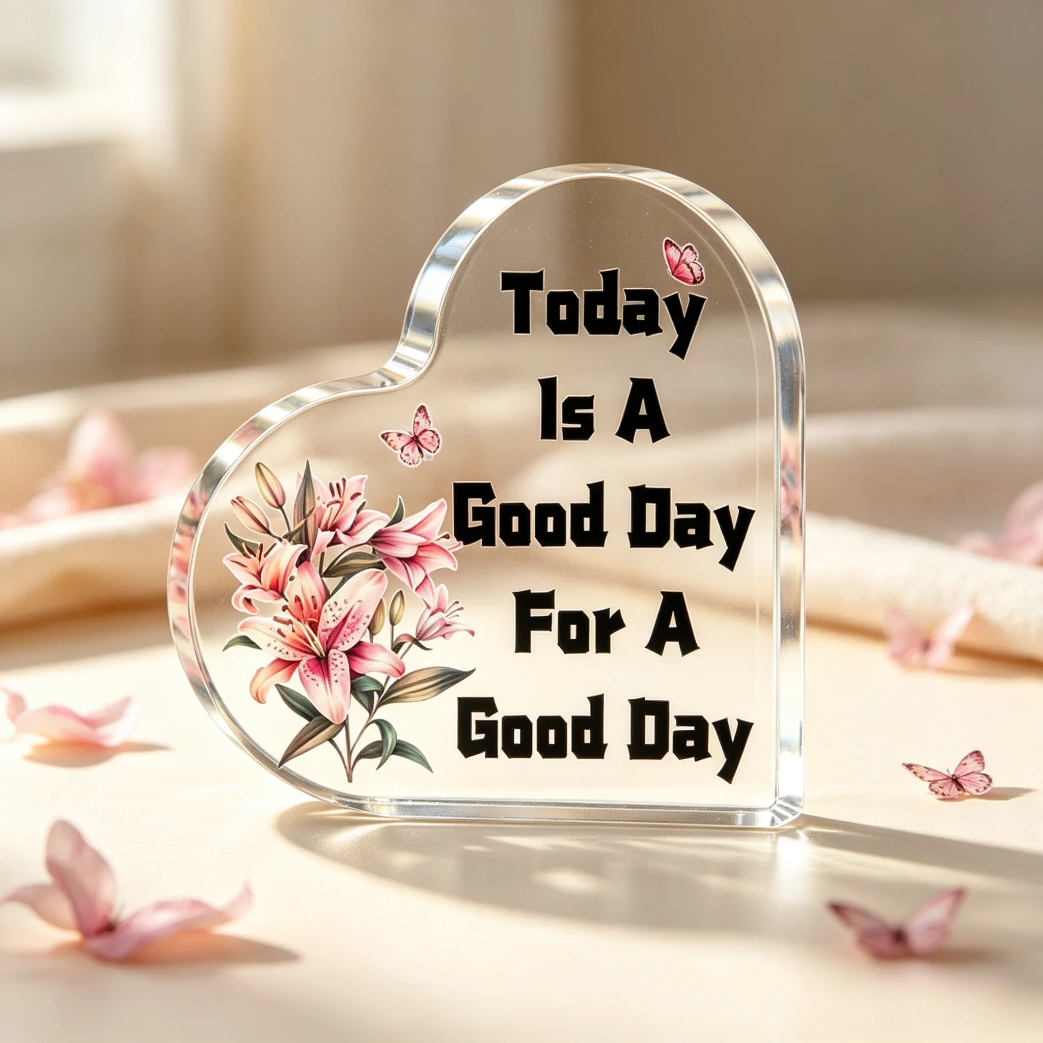Heart Acrylic Desk Plaque Today Is A Good Day For A Good Day, Pink Lily Butterfly Positive Decor