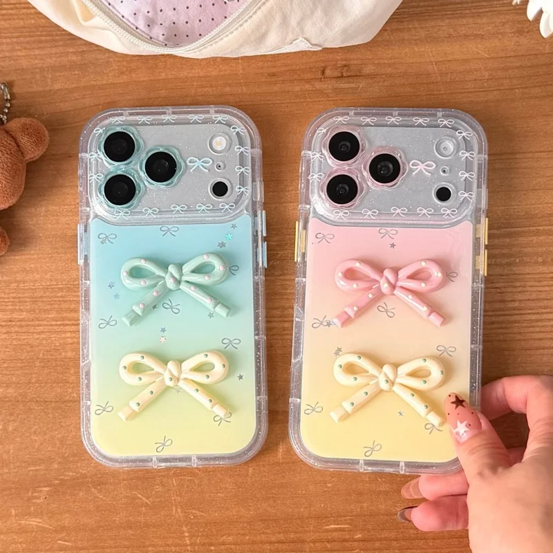

Korean Gradient Color Cute 3D Bowknot Phone Case For iPhone 17 Pro 16 15 14 Pro Max Cover Shockproof Cases For Apple 16 Promax C