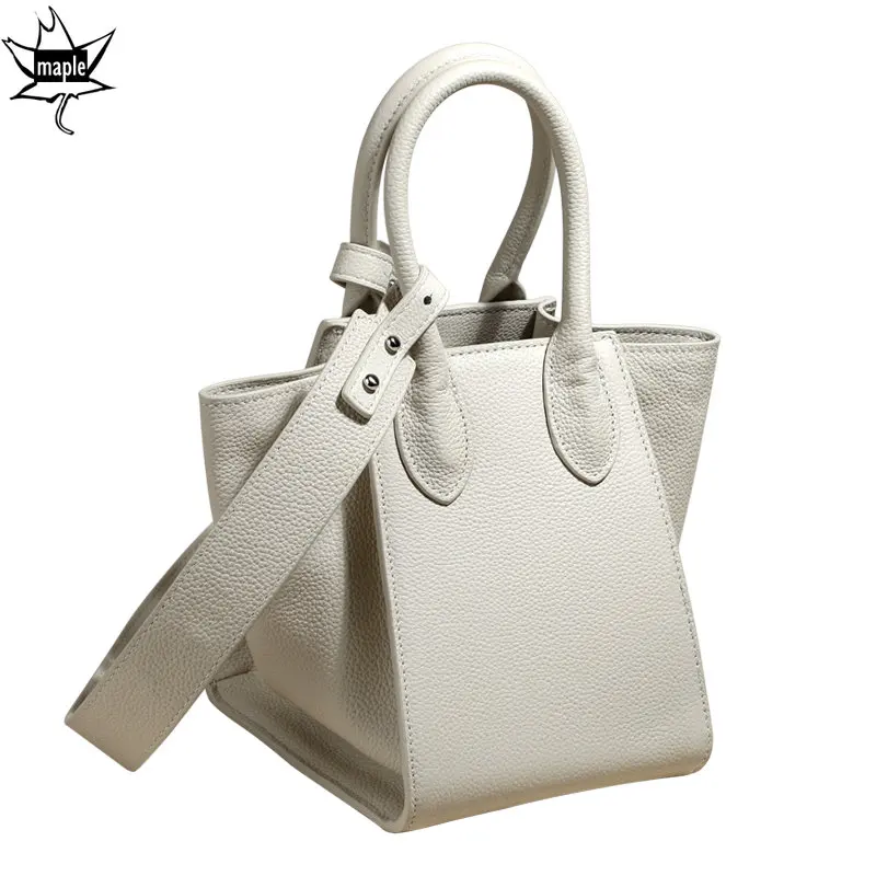 

Retro Trapeze Wing Tote Bag High Quality Cowhide Leather Women's Handbag Creamy White Solid Color Female Shoulder Crossbody Bag