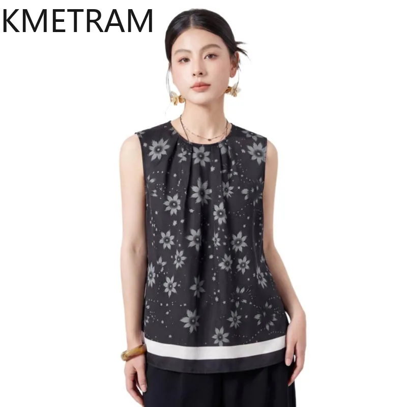 

KMETRAM 100% Real Mulberry Silk Women's Tanks Retro Floral Print Vest Pleated Sleeveless Summer Tops for Woman Clothes 2026 топ