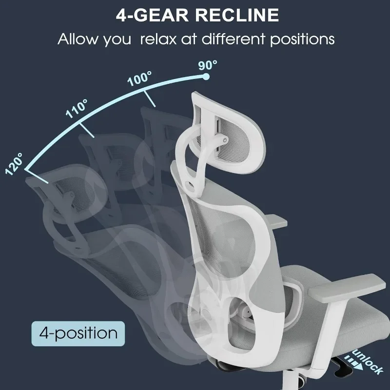 Офисное кресло, эргономичное настольное кресло с регулируемой поддержкой поясницы, 3D подлокотник, подголовник, 4-уровневая наклонная спинка, домашнее Сетчатое кресло