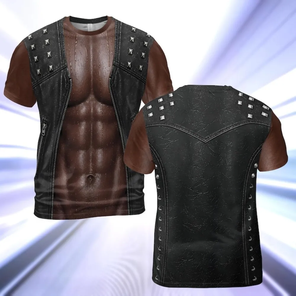 Men's 3D Furry Rider Body T-Shirt, Fun Leather Vest with Muscle Illusion T-Shirt, Adult Party Costume T-Shirt, Halloween
