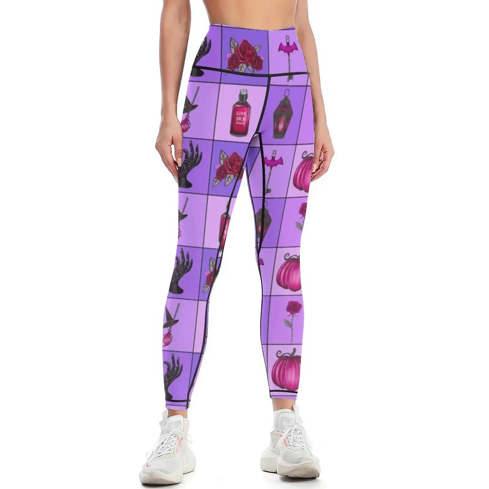

PINK AND PURPLE HALLOWEEN PATTERN WITH MULTIPLE HALLOWEEN ELEMENTS IN A GRID PATTERN - Leggings sporty woman gym Womens Leggings