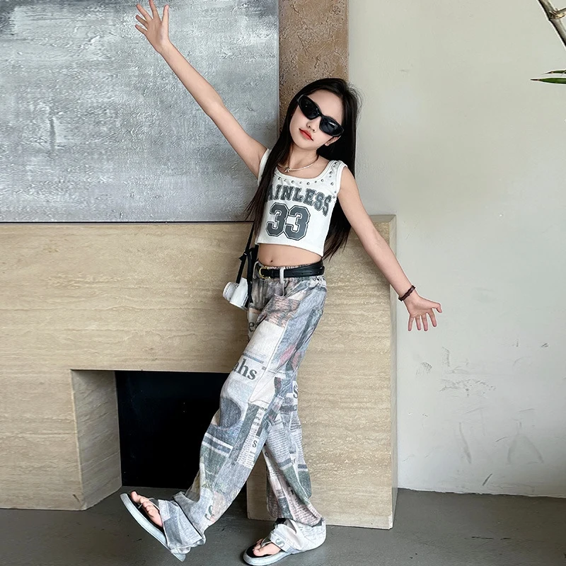 Trajes de baile k-pop para niñas, Ropa de baile callejero con letras impresas, camisetas sin mangas, pantalones, conjunto de Jazz, XH514