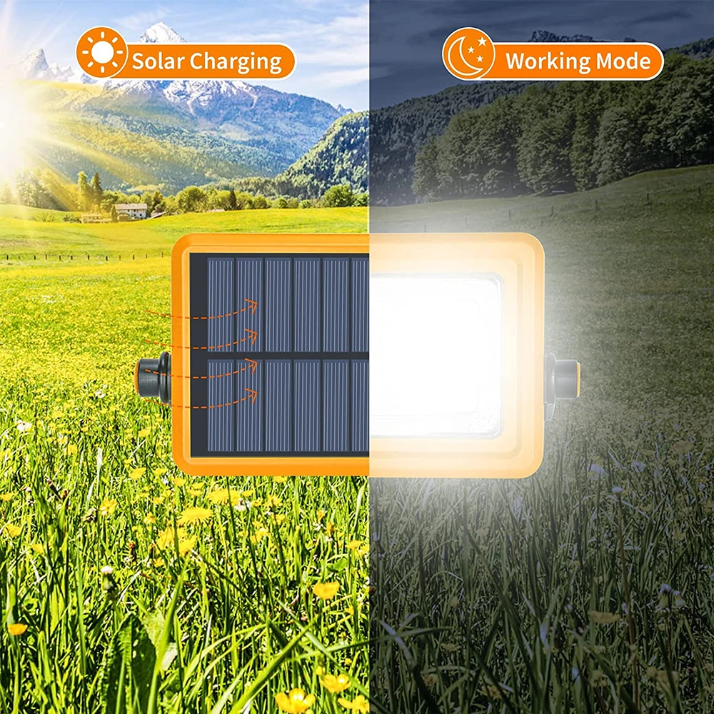 Portable Solar LED Work Light USB Rechargeable Camping Spotlight Waterproof Magnet Hook Searchlight Power Bank Built-in Battery