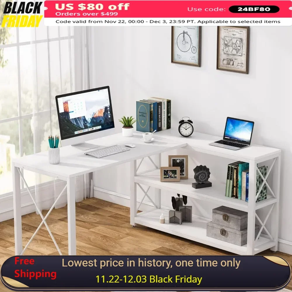 

Standing Desk with Reversible Industrial L-Shaped, Corner Desk with Storage Shelves, Office Table