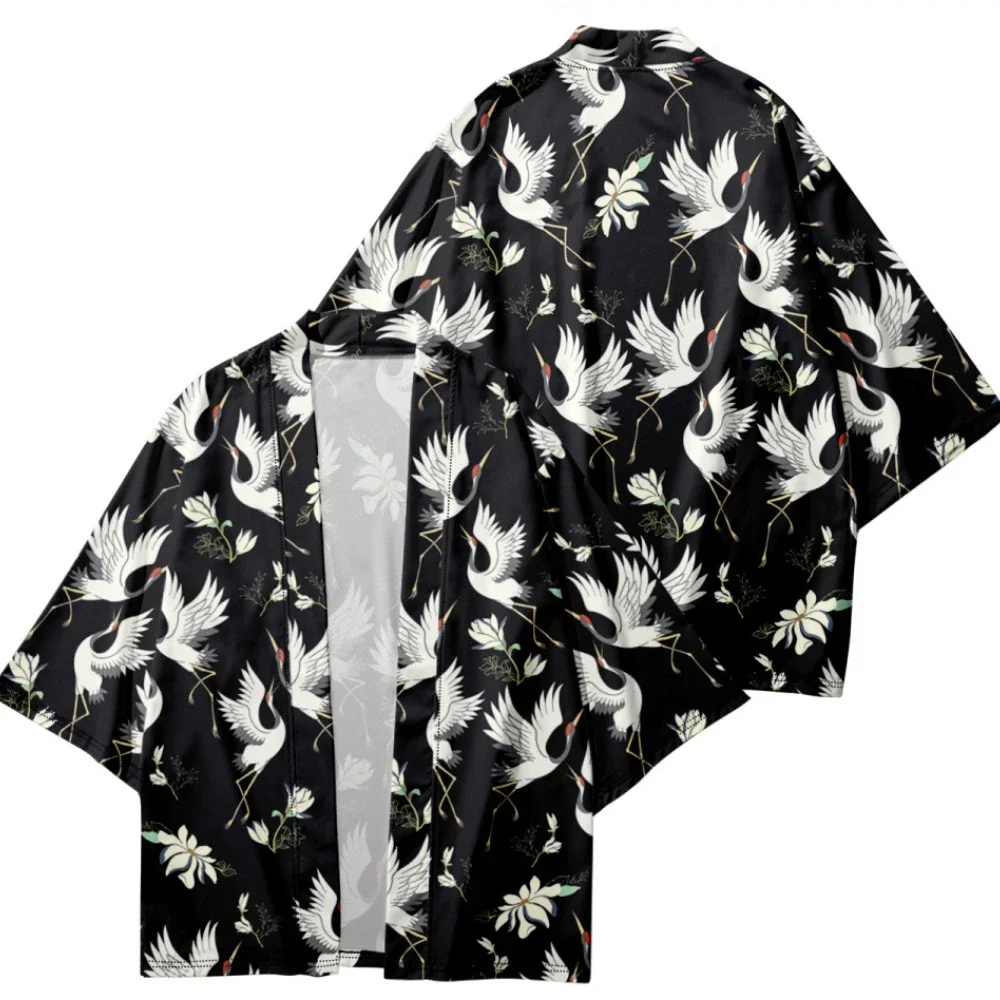 

Japanese Kimono Robe Shirts Crane Printed Graphics Three Quarter Coat Japan Style Streetwear Cardigan Casual Unisex Clothing