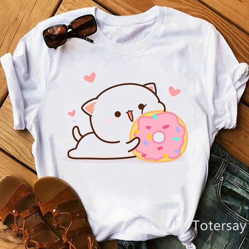 

New Tee shirt femme cute peach cat eating cake cartoon print women t shirt summer fashion 90s camiseta mujer tshirt white tops